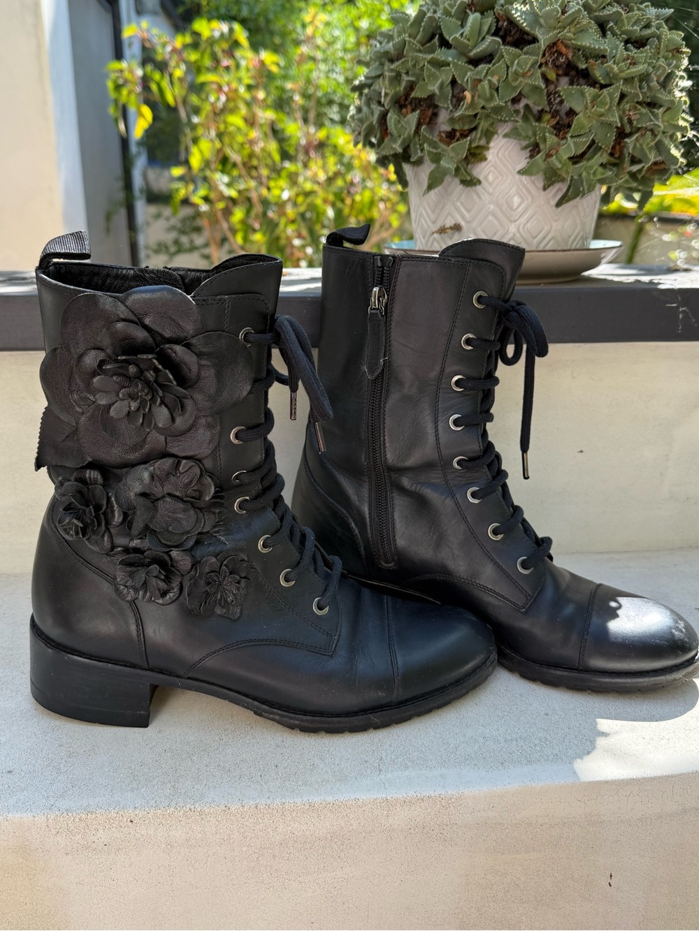 Valentino Black Leather Lace-Up Combat Boots with Floral Appliqués a Size 38